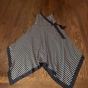 Banana Republic blue and white striped strappy handkerchief-hem midi dress.